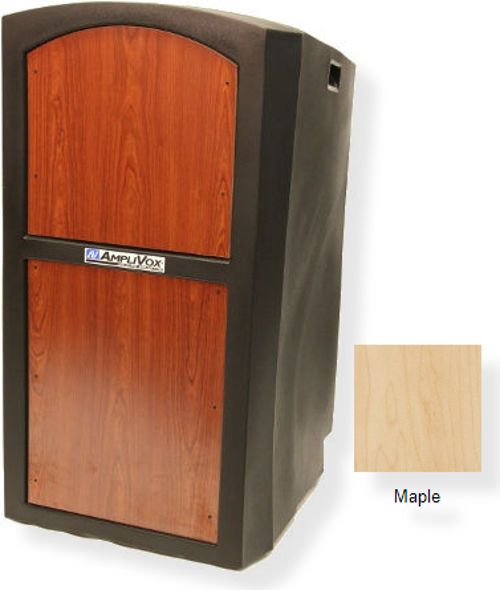 Amplivox SN3250 Pinnacle Multimedia Lectern, Maple; Weather and waterproof; Durable hard shell plastic holds up under tough use; Elegant sculpted profile radius corners and swirls; 2 heavy duty industrial casters and built-in handles for easy portability; Convenient shelf (11