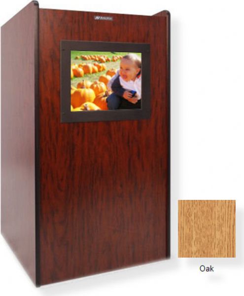 Amplivox SN3265 Visionary Multimedia Lectern, Oak; Lectern with Built-In LCD screen; Stereo speakers built into LCD screen; Features a data port with VGA, stereo audio, and 110 V power outlet connections; Data port is designed with a fluid one touch flip-up door for easy access; 2 shelves behind lectern for extra storage; UPC 734680432621 (SN3265 SN3265OK SN3265-OK SN-3265-OK AMPLIVOXSN3265 AMPLIVOX-SN3265OK AMPLIVOX-SN3265-OK)