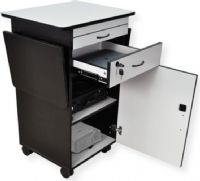 Amplivox SN3300 Multimedia Center Workstation; Black and gray laminate finishes; 2 drop leaf shelves for notes or  equipment; Lockable cabinet with adjustable and removable shelf; Laptop storage drawer is lockable; Radius corners for safety; Four 3" nylon casters, two with brakes; UPC 734680433000 (SN3300 SN-3300 SN33-00 AMPLIVOXSN3300 AMPLIVOX-SN3300 AMPLIVOX-SN-3300) 