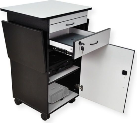 Amplivox SN3300 Multimedia Center Workstation; Black and gray laminate finishes; 2 drop leaf shelves for notes or  equipment; Lockable cabinet with adjustable and removable shelf; Laptop storage drawer is lockable; Radius corners for safety; Four 3