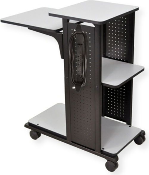 Amplivox SN3305 Presentation Station; Black steel sides with gray laminate shelves; 4 convenient work surfaces; Adjustable second shelf; Four 3