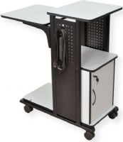 Amplivox SN3310 Presentation Station with Cabinet; Black steel sides with gray laminate shelves; 4 convenient work surfaces; Locking security cabinet with 2 keys; Four 3" furniture casters (2 locking); 3-Outlet with 15 ft cord; Cord management wrap; Product Dimensions 40" H x 19" W x 35" D; Weight 76 lbs; Shipping Weight 81 lbs; UPC 734680433109 (SN3310 SN-3310 SN33-10 AMPLIVOXSN3310 AMPLIVOX-SN3310 AMPLIVOX-SN-3310) 