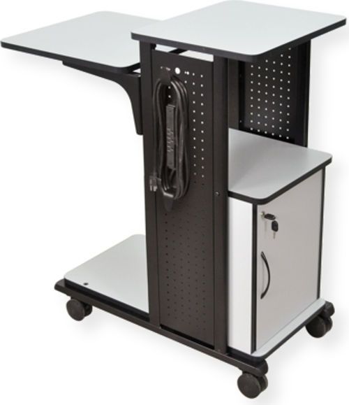 Amplivox SN3310 Presentation Station with Cabinet; Black steel sides with gray laminate shelves; 4 convenient work surfaces; Locking security cabinet with 2 keys; Four 3