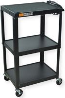 Amplivox SN3365 Industrial Metal Cart; Roll formed shelves with powder coat paint finish in black; Adjustable height from 24" to 42" in 2" increments; Tables are robotically arc welded; Cable pass through holes; 0.25" retaining lip around each shelf; 3-outlet, 15 ft cord plug snap; Product Dimensions 26" to 42"H x 24"W x 18"D; Weight 37 lbs; Shipping Weight 40 lbs; UPC 734680433659 (SN3365 SN-3365 SN33-65 AMPLIVOXSN3365 AMPLIVOX-SN3365 AMPLIVOX-SN-3365) 