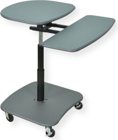 Amplivox SN3395 Hydraulic Adjustable Multimedia Cart in Dark Gray Shelves; Serves as either as a stand-up or seated workstation; Hydraulic height adjustment from 30