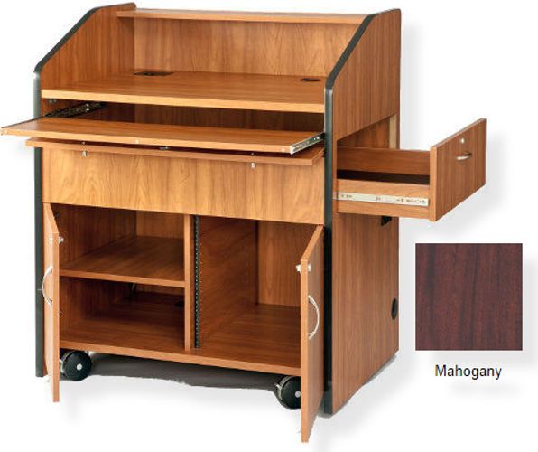 Amplivox SN3430 Multimedia Smart Podium, Mahogany; Slide-out keyboard drawer with drop-front; Side drawer extends to hold full size document camera; Door locks on all compartments; Heavy duty casters provide easy maneuvering; Product Dimensions 49