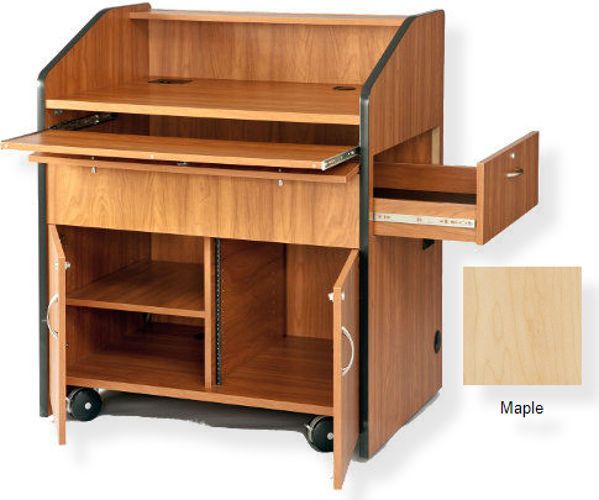 Amplivox SN3430 Multimedia Smart Podium, Maple; Slide-out keyboard drawer with drop-front; Side drawer extends to hold full size document camera; Door locks on all compartments; Heavy duty casters provide easy maneuvering; Product Dimensions 49