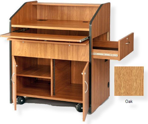 Amplivox SN3430 Multimedia Smart Podium, Oak; Slide-out keyboard drawer with drop-front; Side drawer extends to hold full size document camera; Door locks on all compartments; Heavy duty casters provide easy maneuvering; Product Dimensions 49