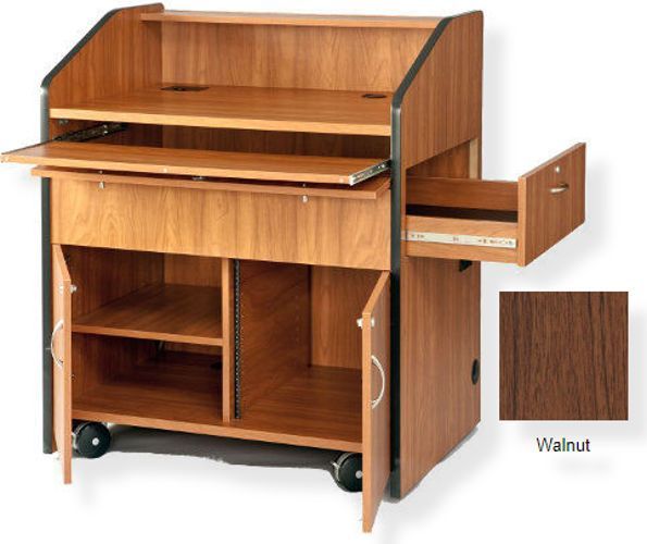 Amplivox SN3430 Multimedia Smart Podium, Walnut; Slide-out keyboard drawer with drop-front; Side drawer extends to hold full size document camera; Door locks on all compartments; Heavy duty casters provide easy maneuvering; Product Dimensions 49