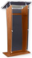 Amplivox SN350007 Wood and Acrylic Floor Lectern Clear 27" with Walnut Finish; Unique "H" shape and soft curve back edge with acrylic panel in the front; Constructed from solid hardwood; Reading surface made from durable 0.5" thick acrylic; Ships fully assembled; Product Dimensions 27" W x 48" H (Front), 43" H (Back) x 16" D; Weight 31 lbs; Shipping Weight 90 lbs; UPC 734680435080 (SN350007 SN-350007-WT SN-3500-07WT AMPLIVOXSN350007 AMPLIVOX-SN3500-07 AMPLIVOX-SN-350007) 