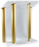 Amplivox SN352508 Contemporary Clear Acrylic and Gold Aluminum Lectern; 0.750" thick plexiglass and anodized aluminum; 4 satin anodized aluminum pillars and two side acrylic accent panels; Top reading surface with a 1.25" lip for resting reading materials; Ships fully assembled; Product Dimensions 51.0" H x 42.5" W x 18.0" D; Shipping Weight 150 lbs; UPC 734680430603 (SN352508 SN-352508-GD SN-3525-08GD AMPLIVOXSN352508 AMPLIVOX-SN3525-08 AMPLIVOX-SN-352508) 