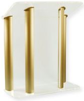 Amplivox SN352518 Contemporary Frosted Acrylic and Gold Aluminum Lectern; 0.750" thick plexiglass and anodized aluminum; 4 satin anodized aluminum pillars and two side acrylic accent panels; Top reading surface with a 1.25" lip for resting reading materials; Ships fully assembled; Product Dimensions 51.0" H x 42.5" W x 18.0" D; Shipping Weight 150 lbs; UPC 734680430634 (SN352518 SN-352518-GD SN-3525-18GD AMPLIVOXSN352518 AMPLIVOX-SN3525-18 AMPLIVOX-SN-352518) 