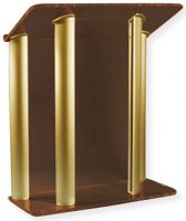 Amplivox SN352528 Contemporary Smoked Acrylic and Gold Aluminum Lectern; 0.750" thick plexiglass and anodized aluminum; 4 satin anodized aluminum pillars and two side acrylic accent panels; Top reading surface with a 1.25" lip for resting reading materials; Ships fully assembled; Product Dimensions 51.0" H x 42.5" W x 18.0" D; Shipping Weight 150 lbs; UPC AMPLIVOXSN352528 (SN352528 SN-352528-GD SN-3525-28GD AMPLIVOXSN352528 AMPLIVOX-SN3525-28 AMPLIVOX-SN-352528) 