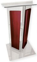 Amplivox SN354504 Clear Acrylic with Mahogany Panel Lectern; Stands 47.5" high with a unique "V" design; (4) rubber feet under the base to keep the lectern from sliding; Ships fully assembled; Product Dimensions 27.0" W x 47.5" H (Front), 42.0" H (Back) x 16.0" D; Weight 40 lbs; Shipping Weight 90 lbs; UPC 734680431181 (SN354504 SN-354504-MH SN-3545-04MH AMPLIVOXSN354504 AMPLIVOX-SN3545-04 AMPLIVOX-SN-354504) 