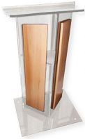 Amplivox SN354506 Clear Acrylic with Oak Panel Lectern; Stands 47.5" high with a unique "V" design; (4) rubber feet under the base to keep the lectern from sliding; Ships fully assembled; Product Dimensions 27.0" W x 47.5" H (Front), 42.0" H (Back) x 16.0" D; Weight 40 lbs; Shipping Weight 90 lbs; UPC 734680431679 (SN354506 SN-354506-OK SN-3545-06OK AMPLIVOXSN354506 AMPLIVOX-SN3545-06 AMPLIVOX-SN-354506) 