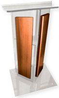 Amplivox SN354507 Clear Acrylic with Walnut Panel Lectern; Stands 47.5" high with a unique "V" design; (4) rubber feet under the base to keep the lectern from sliding; Ships fully assembled; Product Dimensions 27.0" W x 47.5" H (Front), 42.0" H (Back) x 16.0" D; Weight 40 lbs; Shipping Weight 90 lbs; UPC 734680435479 (SN354507 SN-354507-WT SN-3545-07WT AMPLIVOXSN354507 AMPLIVOX-SN3545-07 AMPLIVOX-SN-354507) 