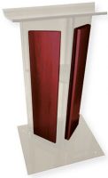 Amplivox SN354514 Frosted Acrylic with Mahogany Panel Lectern; Stands 47.5" high with a unique "V" design; (4) rubber feet under the base to keep the lectern from sliding; Ships fully assembled; Product Dimensions 27.0" W x 47.5" H (Front), 42.0" H (Back) x 16.0" D; Weight 40 lbs; Shipping Weight 90 lbs; UPC 734680431204 (SN354514 SN-354514-MH SN-3545-14MH AMPLIVOXSN354514 AMPLIVOX-SN3545-14 AMPLIVOX-SN-354514) 