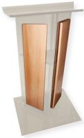 Amplivox SN354516 Frosted Acrylic with Oak Panel Lectern; Stands 47.5" high with a unique "V" design; (4) rubber feet under the base to keep the lectern from sliding; Ships fully assembled; Product Dimensions 27.0" W x 47.5" H (Front), 42.0" H (Back) x 16.0" D; Weight 40 lbs; Shipping Weight 90 lbs; UPC 734680431211 (SN354516 SN-354516-OK SN-3545-16OK AMPLIVOXSN354516 AMPLIVOX-SN3545-16 AMPLIVOX-SN-354516) 