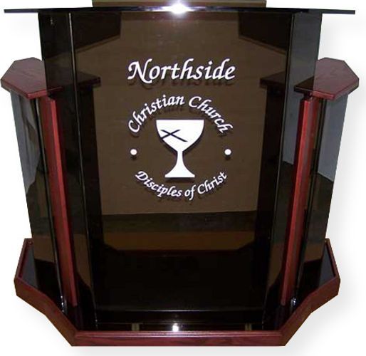Amplivox SN355524 Deluxe Smoked Acrylic Mahogany Wood Floor Lectern; Extra wide side wings; Lectern with wood accents; Reading surface has a 1.5