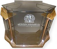 Amplivox SN355526 Deluxe Smoked Acrylic Oak Wood Floor Lectern; Extra wide side wings; Lectern with wood accents; Reading surface has a 1.5" lip to help keep papers in place; Custom etched or vinyl logos available at an additional cost; Ships fully assembled; Product Dimensions 48" H (Front) 45" H (Back) 54" W x 24" D; Weight 125 lbs; Shipping Weight 200 lbs; UPC 734680431624 (SN355526 SN-355526-OK SN-3555-26OK AMPLIVOXSN355526 AMPLIVOX-SN3555-26 AMPLIVOX-SN-355526) 