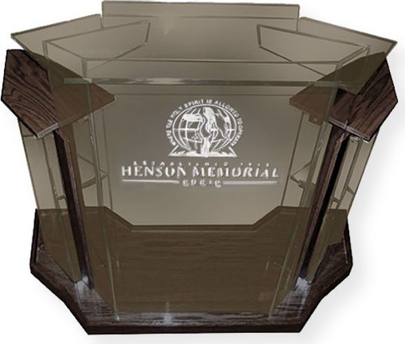 Amplivox SN355527 Deluxe Smoked Acrylic Walnut Wood Floor Lectern; Extra wide side wings; Lectern with wood accents; Reading surface has a 1.5