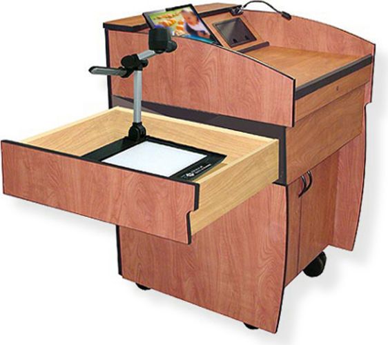 Amplivox SN3630 Intellect Lectern with Recessed Well for LCD, Cherry; Recessed well for flat panel monitor; Keyboard drawer with lock; Angled control panel; Gooseneck lamp; Cable cubby with power, data, and VGA; Pencil stop; Open shelf; Document camera drawer with lock; Rack cabinet; CPU storage; 4 outlet surge strip; UPC 734680436339 (SN3630 SN3630CH SN3630-CH SN-3630-CH AMPLIVOXSN3630 AMPLIVOX-SN3630CH AMPLIVOX-SN3630-CH)