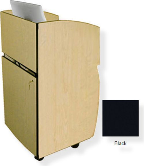 Amplivox SN3635 Mobil-Lite Lectern, Black; Open front cabinet design; Fixed desktop with two 60MM grommets at the rear corners; Setup for 2 adjustable shelves; Rear access door that locks; Passive air intake, venting, and cableway; 80MM Pass-thru grommets; 4 outlet surge strip; 4