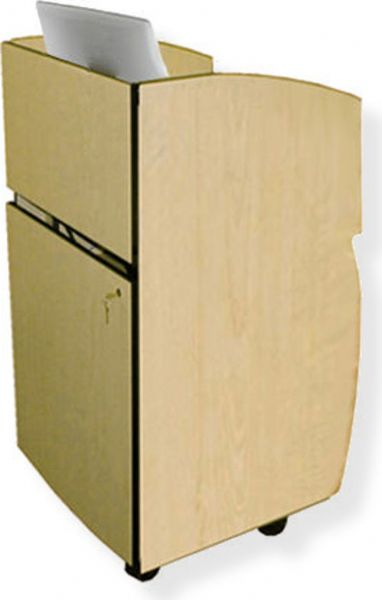 Amplivox SN3635 Mobil-Lite Lectern, Maple; Open front cabinet design; Fixed desktop with two 60MM grommets at the rear corners; Setup for 2 adjustable shelves; Rear access door that locks; Passive air intake, venting, and cableway; 80MM Pass-thru grommets; 4 outlet surge strip; 4