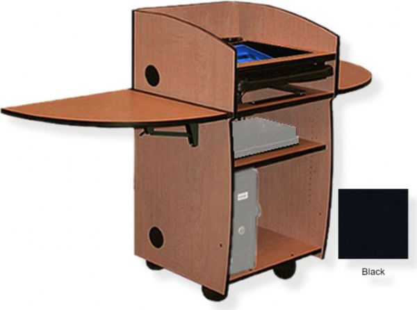 Amplivox SN3640 Mobil-Lite Lectern with Viewport, Black; Viewport and keyboard drawer; Two wingtop folding shelves; Open front cabinet design; Fixed desktop with two 60MM grommets at the rear corners; One adjustable shelf; Rear access door that locks; Passive air intake, venting, and cableway; 80MM Pass-thru grommets; UPC 734680436490 (SN3640 SN3640BK SN3640-BK SN-3640-BK AMPLIVOXSN3640 AMPLIVOX-SN3640BK AMPLIVOX-SN3640-BK)