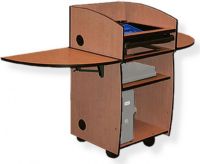 Amplivox SN3640 Mobil-Lite Lectern with Viewport, Cherry; Viewport and keyboard drawer; Two wingtop folding shelves; Open front cabinet design; Fixed desktop with two 60MM grommets at the rear corners; One adjustable shelf; Rear access door that locks; Passive air intake, venting, and cableway; 80MM Pass-thru grommets; UPC 734680436438 (SN3640 SN3640CH SN3640-CH SN-3640-CH AMPLIVOXSN3640 AMPLIVOX-SN3640CH AMPLIVOX-SN3640-CH) 