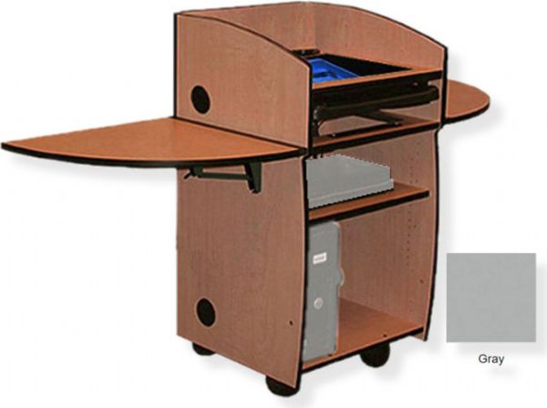 Amplivox SN3640 Mobil-Lite Lectern with Viewport, Gray; Viewport and keyboard drawer; Two wingtop folding shelves; Open front cabinet design; Fixed desktop with two 60MM grommets at the rear corners; One adjustable shelf; Rear access door that locks; Passive air intake, venting, and cableway; 80MM Pass-thru grommets; UPC 734680436483 (SN3640 SN3640GY SN3640-GY SN-3640-GY AMPLIVOXSN3640 AMPLIVOX-SN3640GY AMPLIVOX-SN3640-GY)