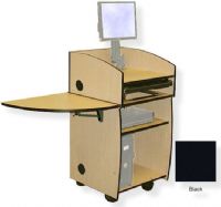 Amplivox SN3645 Mobil-Lite Lectern with Wingtop Folding Shelf, Black; SA0011 articulating monitor arm; Keyboard drawer; Wingtop folding shelf; Open front cabinet design; Fixed desktop with two 60MM grommets at the rear corners; One adjustable shelf; Rear access door that locks; UPC 734680436407 (SN3645 SN3645BK SN3645-BK SN-3645-BK AMPLIVOXSN3645 AMPLIVOX-SN3645BK AMPLIVOX-SN3645-BK) 