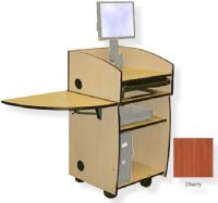 Amplivox SN3645 Mobil-Lite Lectern with Wingtop Folding Shelf, Cherry; SA0011 articulating monitor arm; Keyboard drawer; Wingtop folding shelf; Open front cabinet design; Fixed desktop with two 60MM grommets at the rear corners; One adjustable shelf; Rear access door that locks; UPC 734680436414 (SN3645 SN3645CH SN3645-CH SN-3645-CH AMPLIVOXSN3645 AMPLIVOX-SN3645CH AMPLIVOX-SN3645-CH) 