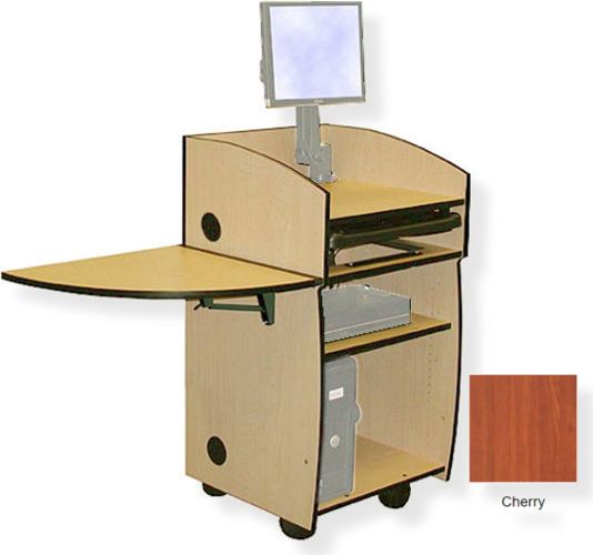Amplivox SN3645 Mobil-Lite Lectern with Wingtop Folding Shelf, Cherry; SA0011 articulating monitor arm; Keyboard drawer; Wingtop folding shelf; Open front cabinet design; Fixed desktop with two 60MM grommets at the rear corners; One adjustable shelf; Rear access door that locks; UPC 734680436414 (SN3645 SN3645CH SN3645-CH SN-3645-CH AMPLIVOXSN3645 AMPLIVOX-SN3645CH AMPLIVOX-SN3645-CH)