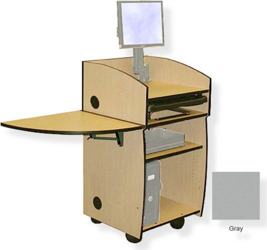Amplivox SN3645 Mobil-Lite Lectern with Wingtop Folding Shelf, Gray; SA0011 articulating monitor arm; Keyboard drawer; Wingtop folding shelf; Open front cabinet design; Fixed desktop with two 60MM grommets at the rear corners; One adjustable shelf; Rear access door that locks; UPC 734680436445 (SN3645 SN3645GY SN3645-GY SN-3645-GY AMPLIVOXSN3645 AMPLIVOX-SN3645GY AMPLIVOX-SN3645-GY)