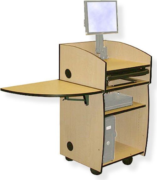 Amplivox SN3645 Mobil-Lite Lectern with Wingtop Folding Shelf, Maple; SA0011 articulating monitor arm; Keyboard drawer; Wingtop folding shelf; Open front cabinet design; Fixed desktop with two 60MM grommets at the rear corners; One adjustable shelf; Rear access door that locks; UPC 734680436452 (SN3645 SN3645MP SN3645-MP SN-3645-MP AMPLIVOXSN3645 AMPLIVOX-SN3645MP AMPLIVOX-SN3645-MP)