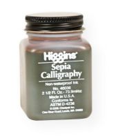 Higgins SN46036 Non-Waterproof Sepia Calligraphy Ink; Rich, antique brown color for use in calligraphy and fountain pens with an especially free-flowing formula; 2.5 oz jar; Shipping Weight 0.1 lb; Shipping Dimensions 1.75 x 1.75 x 3.00 in; UPC 070530460360 (HIGGINSSN46036 HIGGINS-SN46036 HIGGINS/SN46036 CALLIGRAPHY ARTWORK CRAFTS) 