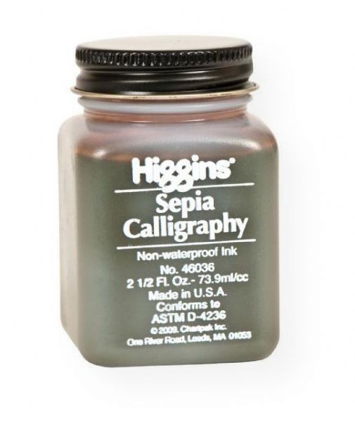 Higgins SN46036 Non-Waterproof Sepia Calligraphy Ink; Rich, antique brown color for use in calligraphy and fountain pens with an especially free-flowing formula; 2.5 oz jar; Shipping Weight 0.1 lb; Shipping Dimensions 1.75 x 1.75 x 3.00 in; UPC 070530460360 (HIGGINSSN46036 HIGGINS-SN46036 HIGGINS/SN46036 CALLIGRAPHY ARTWORK CRAFTS)