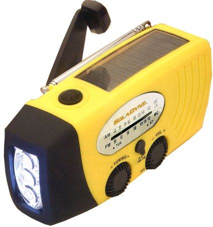 SolaDyne 7410 Radio & Flashlight, Yellow and Black, Solar and dynamo hand crank powered, No batteries required, 3 LED flashlight, High quality AM/FM radio, Solar Panel 1 x 2.6 charging area, Rechargeable Ni-MH 3x28 AAA 350 mAH 3.6V Battery, 130 cycles/min. = 80% battery capacity, Price Each, UPC 769372074100 (SOLADYNE7410 SOLADYNE7410 07410 Athena)