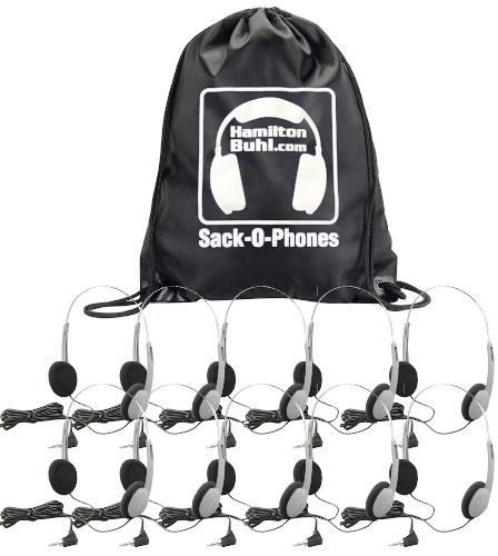 HamiltonBuhl SOP-HA1A Sack-O-Phones with (10) HA1A Economical Personal Headphones and (1) Sack-O-Phone Carry Bag, Replaceable Foam Ear Cushions, Automatic Stereo/Mono Smart, 3.5mm Stereo Jacketed Plug, 6 feet Cord, Chew-Resistnat, Braided Nylon Cord, 40mm Speaker drivers, Frequency response 20Hz~20KHz, Impedance 32 Ohms, UPC 681181320684 (HAMILTONBUHLSOPHA1A SOPHA1A SOP HA1A)