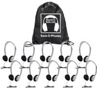 HamiltonBuhl SOP-HA2 Sack-O-Phones with (10) HA2 Personal Headphones with Foam Ear Cushions and (1) Sack-O-Phone Carry Bag, Replaceable Foam Ear Cushions, 3.5mm Stereo Jacketed Plug, 6 feet Cord, 40mm Speaker drivers, Frequency response 20Hz~20KHz, Impedance 32 Ohms, Sensitivity 100dB, Draw string/Non-Woven Polypropylene Material Carry Bag, UPC 681181320691 (HAMILTONBUHLSOPHA2 SOPHA2 SOP HA2) 