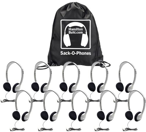 HamiltonBuhl SOP-HA2 Sack-O-Phones with (10) HA2 Personal Headphones with Foam Ear Cushions and (1) Sack-O-Phone Carry Bag, Replaceable Foam Ear Cushions, 3.5mm Stereo Jacketed Plug, 6 feet Cord, 40mm Speaker drivers, Frequency response 20Hz~20KHz, Impedance 32 Ohms, Sensitivity 100dB, Draw string/Non-Woven Polypropylene Material Carry Bag, UPC 681181320691 (HAMILTONBUHLSOPHA2 SOPHA2 SOP HA2)