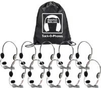 HamiltonBuhl SOP-HA2M Sack-O-Phones with (10) HA2M Personal MultiMedia Headphones with Microphone and (1) Sack-O-Phone Carry Bag, 40mm Cobalt Magnets, Frequency Response 18-20k Hz, Impedance 170 Ohms, Sensitivity 100dB, Max. Input 100mW, 1/8” Stereo/Mono Jacketed Plugs, 6 ft Cord, Chew-Resistant, Braided Nylon Cord, UPC 681181320707 (HAMILTONBUHLSOPHA2M SOPHA2M SOP HA2M) 