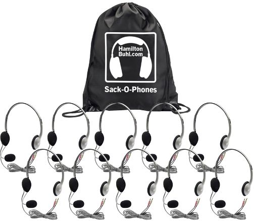 HamiltonBuhl SOP-HA2M Sack-O-Phones with (10) HA2M Personal MultiMedia Headphones with Microphone and (1) Sack-O-Phone Carry Bag, 40mm Cobalt Magnets, Frequency Response 18-20k Hz, Impedance 170 Ohms, Sensitivity 100dB, Max. Input 100mW, 1/8 Stereo/Mono Jacketed Plugs, 6 ft Cord, Chew-Resistant, Braided Nylon Cord, UPC 681181320707 (HAMILTONBUHLSOPHA2M SOPHA2M SOP HA2M)