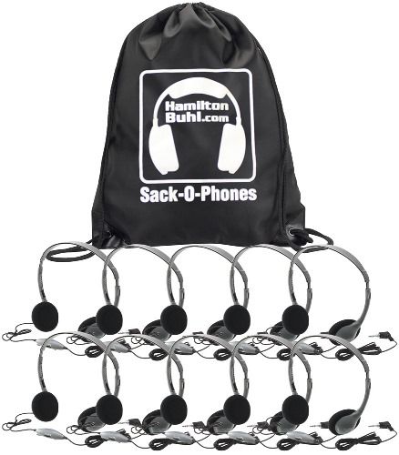 HamiltonBuhl SOP-HA2V Sack-O-Phones with (10) HA2V Personal Headphones with Foam Ear Cushions and Volume in a (1) Sack-O-Phone Carry Bag, Replaceable Foam Ear Cushions, Automatic Stereo/Mono Smart, 1/8