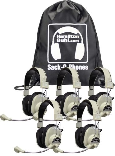 HamiltonBuhl SOP-HA66M Sack-O-Phones with 5 HA-66M Deluxe Multimedia Headphones and (1) Sack-O-Phone Carry Bag, 40mm Mylar Magnet Ferrite Cobalt, Frequency Response 20-20000 Hz, Impedance 32 Ohms +- 15% each side, Sensitivity 110dB, Max. Input 30 mw, 1 /8 Stereo, Black jacketed, Nickel plated, 7 feet Cord, UPC 681181320721 (HAMILTONBUHLSOPHA66M SOPHA66M SOP HA66M)
