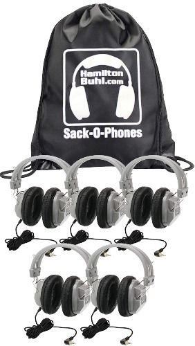 HamiltonBuhl SOP-HA7 Sack-O-Phones with (5) HA7 Deluxe Headphones with Leatherette Ear Cushions and (1) Sack-O-Phone Carry Bag, Frequency response 20Hz-20kHz, Impedance 32 Ohms, Over-The-Ear Design, Replaceable Leatherette Cushions, Automatic Stereo/Mono Smart, 1/8