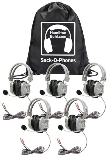 HamiltonBuhl SOP-HA7M Sack-O-Phones with (5) HA7M Deluxe MultiMedia Headphones with Microphone and (1) Sack-O-Phone Carry Bag, 40mm Cobalt Magnets, Frequency Response 18-20k Hz, Impedance 170 Ohms, Sensitivity 100dB, Max. Input 100mW, 3.5mm Stereo Jacketed Plugs; 6 ft, Chew-Resisstant, Braided Nylon Cord; UPC 681181320752 (HAMILTONBUHLSOPHA7M SOPHA7M SOP HA7M)