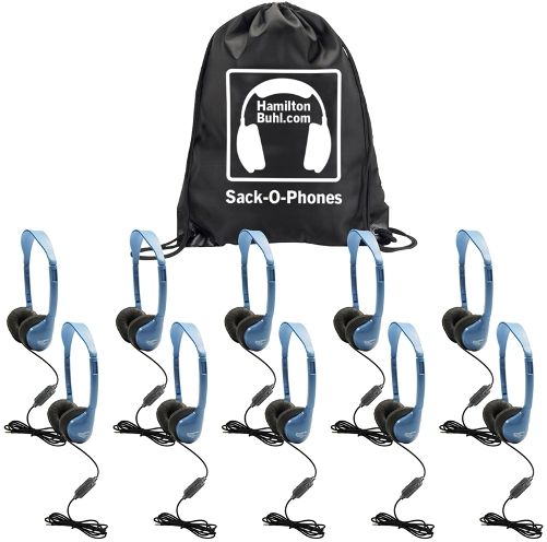 HamiltonBuhl SOP-MS2AMV Sack-O-Phones with (10) MS-2AMV Personal Apple Compatible Headphones with Microphone and (1) Sack-O-Phone Carry Bag, In-Line Volume Control, 30mm Neodymium, Frequency Response 20-20000 Hz, Impedance 32 Ohms, Sensitivity 105DB+/-4DB, Max. Input 100MV, 3.5mm Stereo Plug, UPC 681181320813 (HAMILTONBUHLSOPMS2AMV SOPMS2AMV SOP MS2AMV)