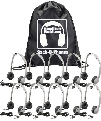 HamiltonBuhl SOP-MS2L Sack-O-Phones with (10) MS2L Personal Headphones with Leatherette Ear Cushions and (1) Sack-O-Phone Carry Bag, Replaceable Leatherette Cushions, Automatic Stereo/Mono Smart, 1/8